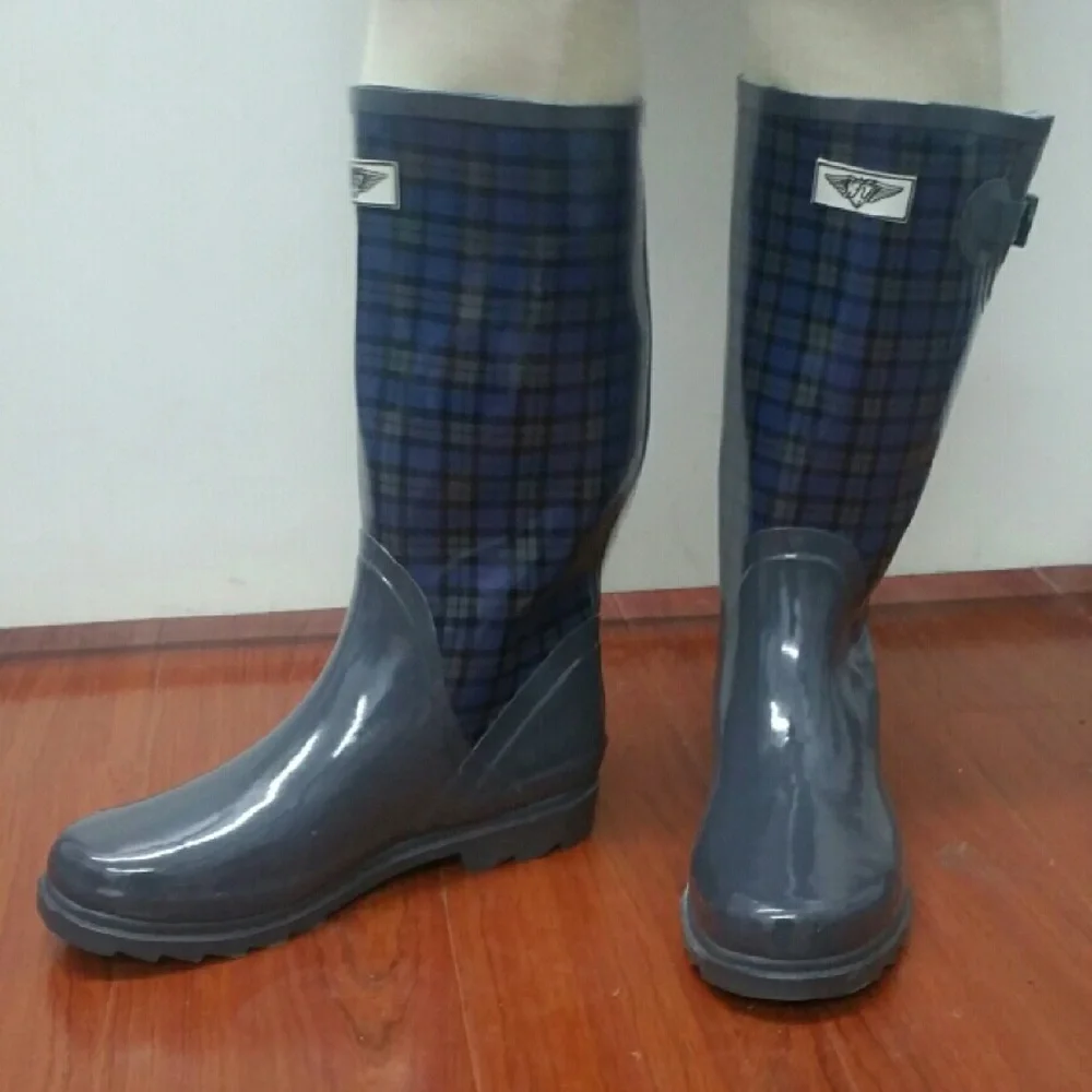 Women Tall Waterproof Rainboots RB-1407, Blue Plaid, Size 5
